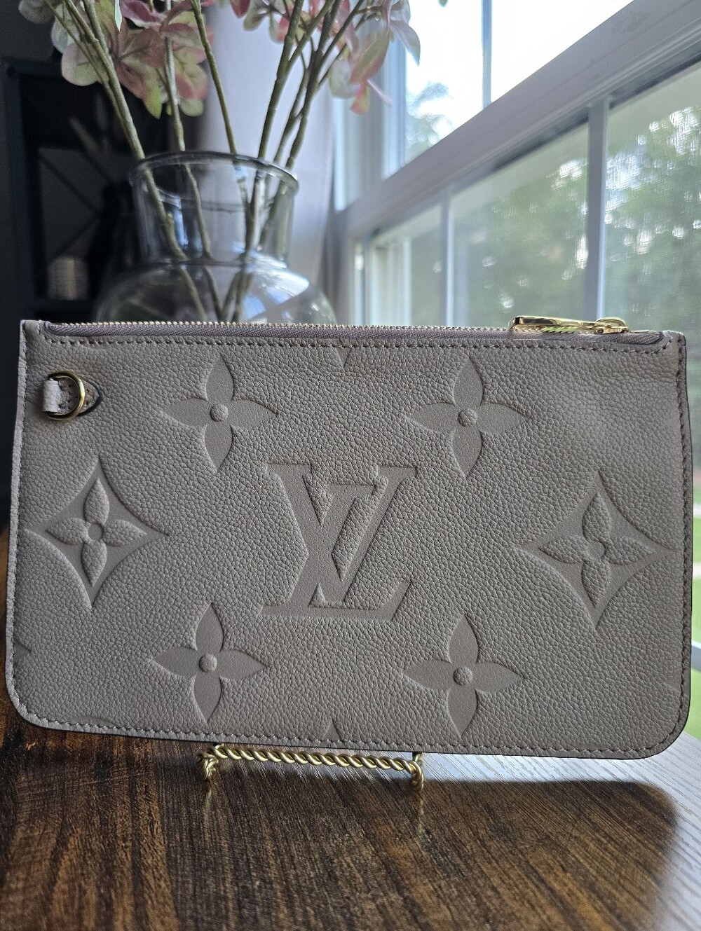 Louis Vuitton Neverfull Pochette Giant Monogram Empreinte Leather in Beige